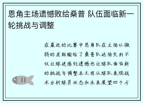 恩角主场遗憾败给桑普 队伍面临新一轮挑战与调整