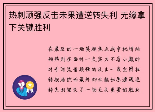 热刺顽强反击未果遭逆转失利 无缘拿下关键胜利