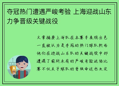 夺冠热门遭遇严峻考验 上海迎战山东力争晋级关键战役