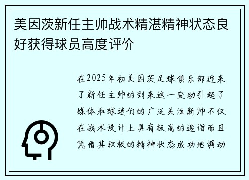 美因茨新任主帅战术精湛精神状态良好获得球员高度评价