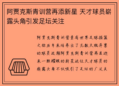 阿贾克斯青训营再添新星 天才球员崭露头角引发足坛关注