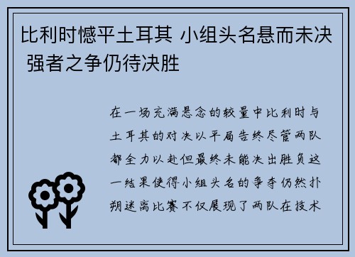 比利时憾平土耳其 小组头名悬而未决 强者之争仍待决胜