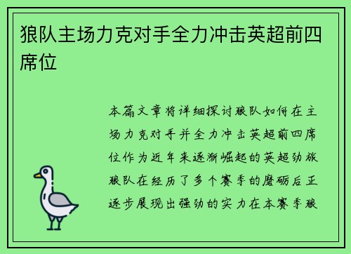 狼队主场力克对手全力冲击英超前四席位