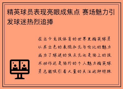 精英球员表现亮眼成焦点 赛场魅力引发球迷热烈追捧