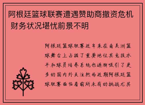 阿根廷篮球联赛遭遇赞助商撤资危机 财务状况堪忧前景不明