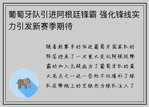 葡萄牙队引进阿根廷锋霸 强化锋线实力引发新赛季期待