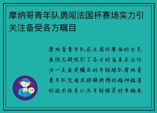 摩纳哥青年队勇闯法国杯赛场实力引关注备受各方瞩目