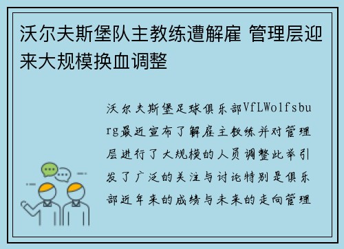沃尔夫斯堡队主教练遭解雇 管理层迎来大规模换血调整
